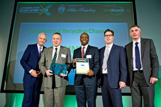 Neil Grundon (second right), deputy chairman of Grundon, presents the Commercial Recycling Champion award to Arla Foods